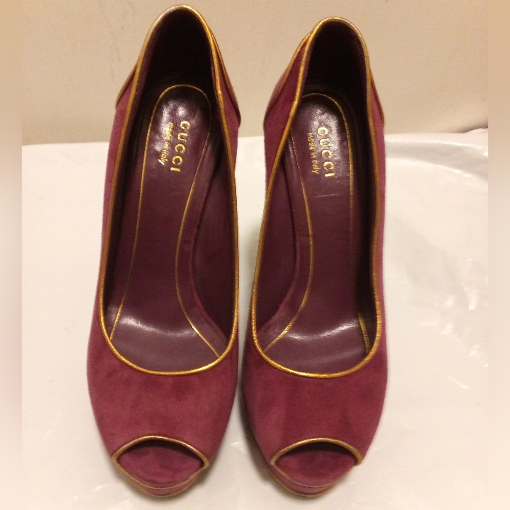 Gucci Houston Tabac Grape Suede Peep-toe Pumps Heels (Size 8